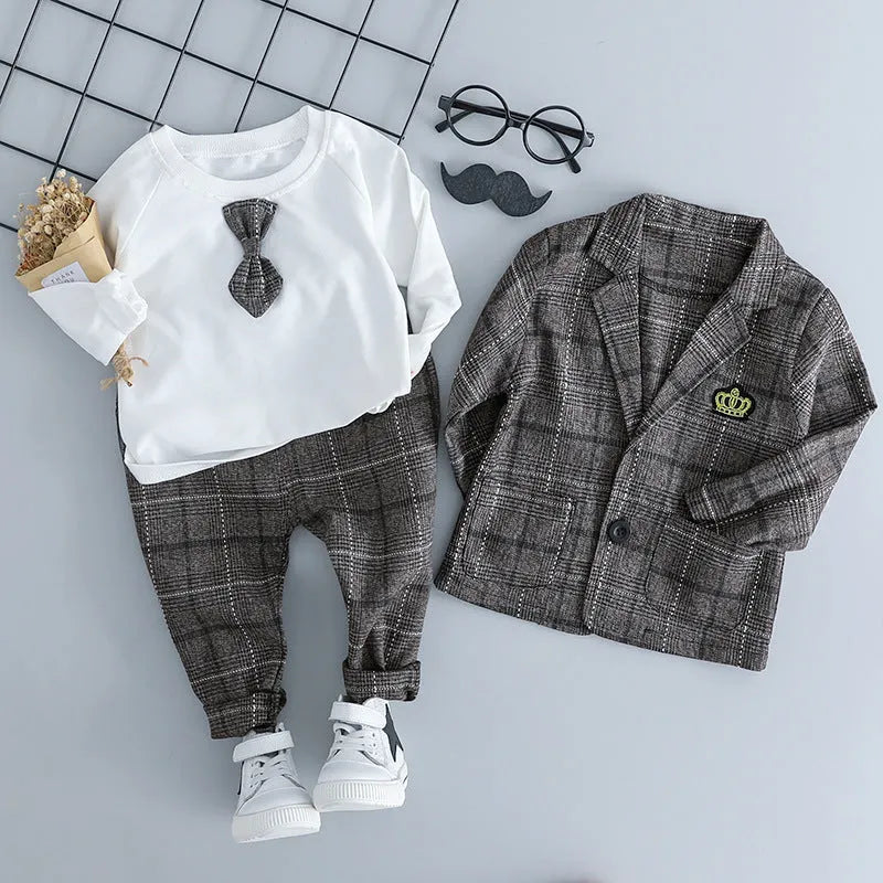Boys' grey three-piece cotton suit with jacket, waistcoat, and trousers for toddlers