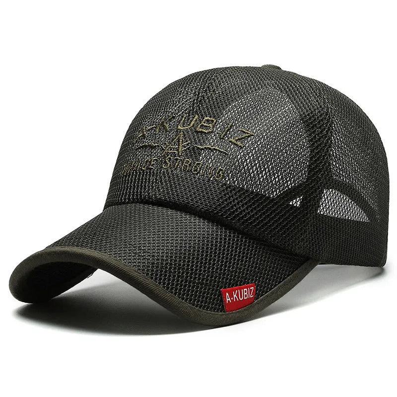 Men's adjustable mesh baseball cap in army green colour showing dome crown style