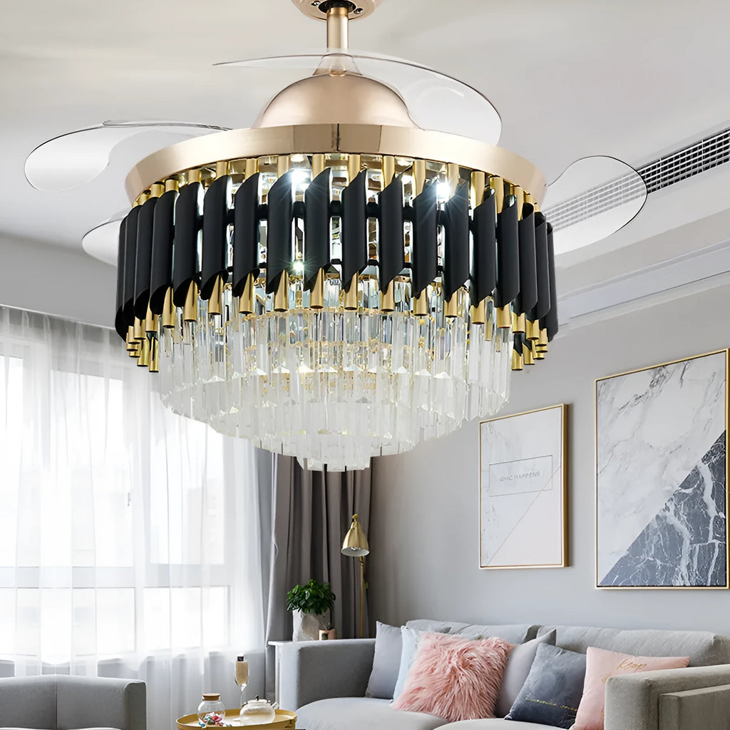 Remote-controlled crystal chandelier ceiling fan light with LED illumination.