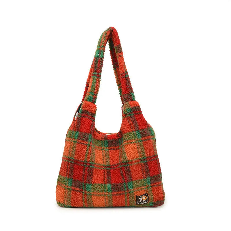 Women's plaid crossbody tote bag in Army Green with horizontal square shape and soft plush material