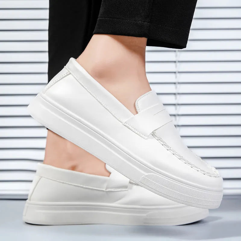 Men's British style casual leather shoes with round toe design in white, black and white, and khaki colour options