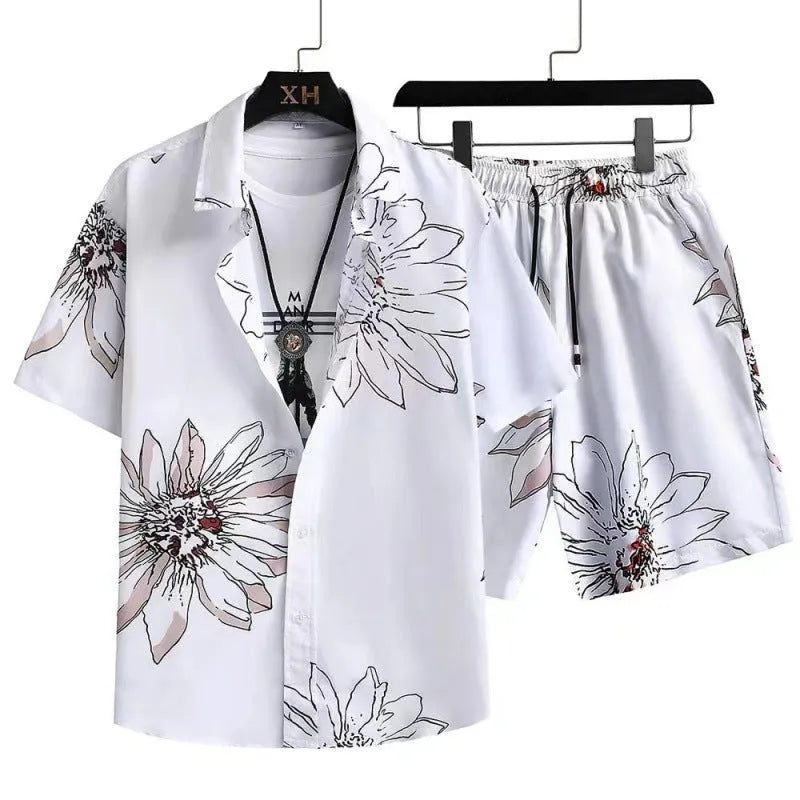 Men's casual digital print short sleeve shirt and matching shorts set in polyester.