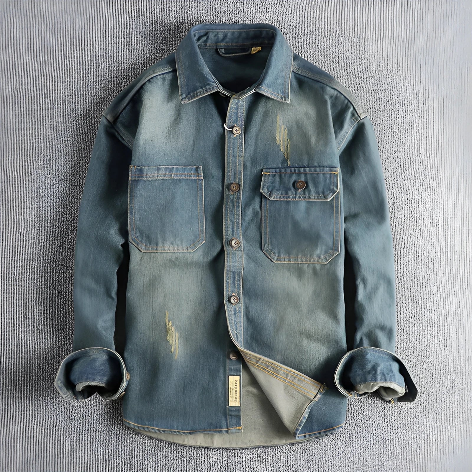 Men's light blue vintage washed denim shirt with long sleeves and loose cardigan fit
