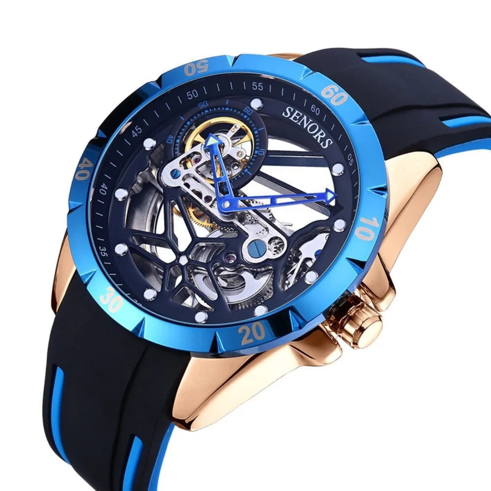 Rose golden skeleton men's watch showing visible automatic movement through open-worked dial design