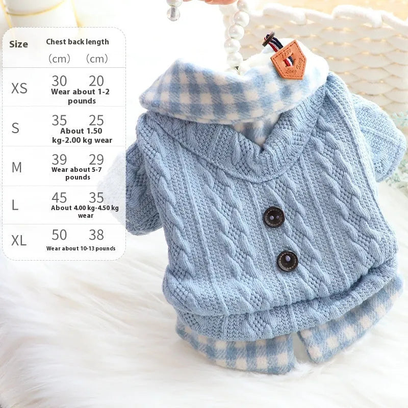 Blue plaid wool dog sweater with fleece lining on small breed dog