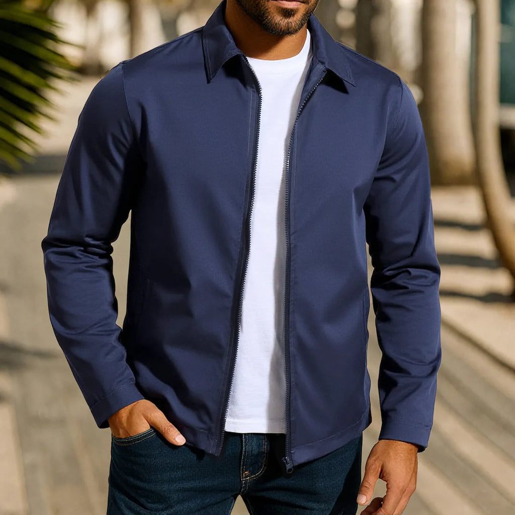 Men's green polyester blend cardigan jacket with front zipper and raglan long sleeves laid flat.