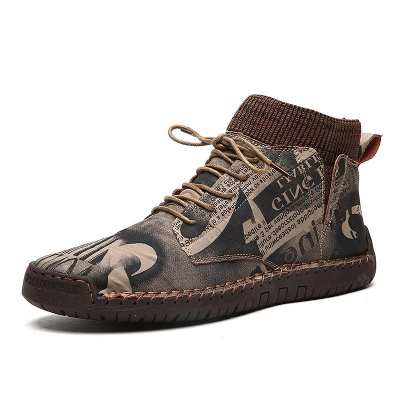 Pair of men's black socks high-top shoes with hand-painted cloth upper and rubber sole for casual winter wear