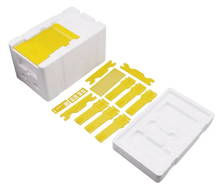 Three white EPS foam mini delivery boxes for beehive pollination and breeding tool sets.