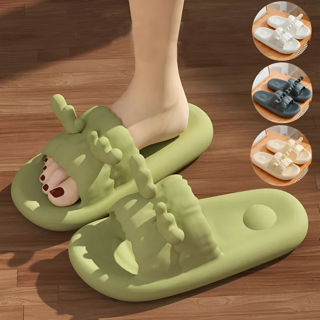 Women's Deer Horn design flip flop slippers in light yellow with hollow-out EVA upper and textured sole.