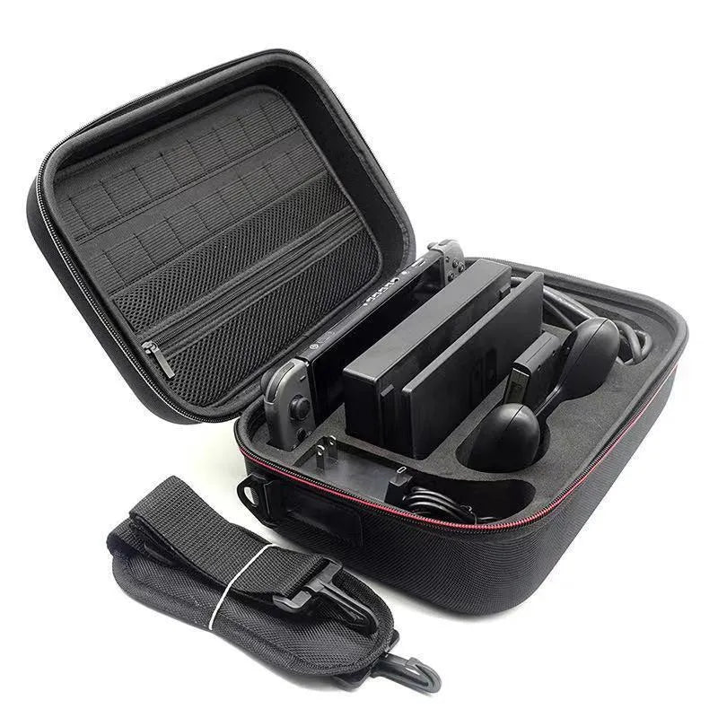 Black EVA game console accessory storage box bag with organised compartments for controllers and cables