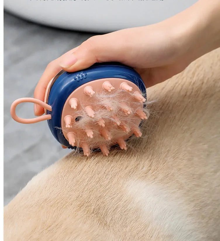 Blue and green pet bathing brush with integrated shampoo dispenser and silicone bristles.