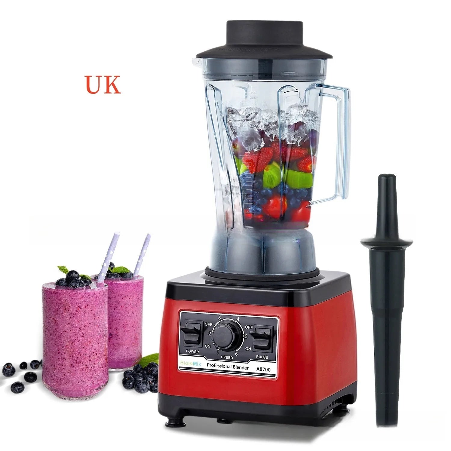 Red commercial blender with 2200W motor and 2L capacity for professional catering use