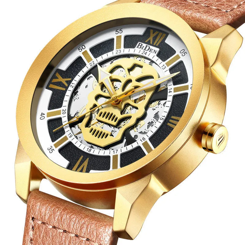 Biden men's hollow dial quartz watch with calendar display on leather strap
