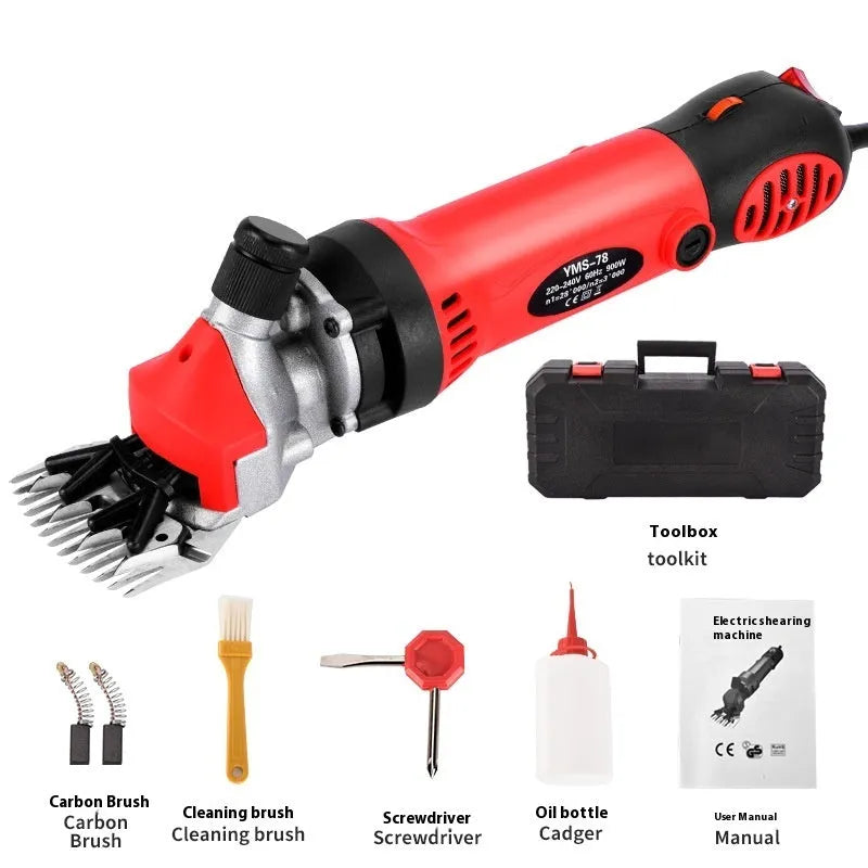 Yellow electric wool shearing unit with 13-tooth straight knife and full accessory kit including multiple blades and maintenance tools