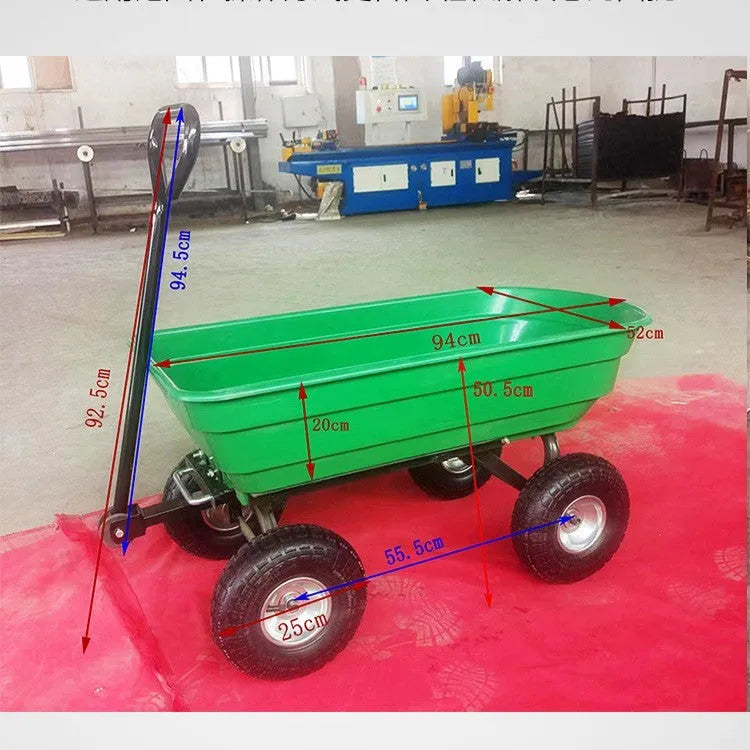 Green four-wheel plastic dumptruck with steel PP construction and dumping bed