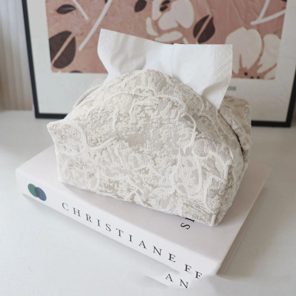 Chinese style decorative tissue box made from floral print cotton fabric, dimensions 17x11x7cm.
