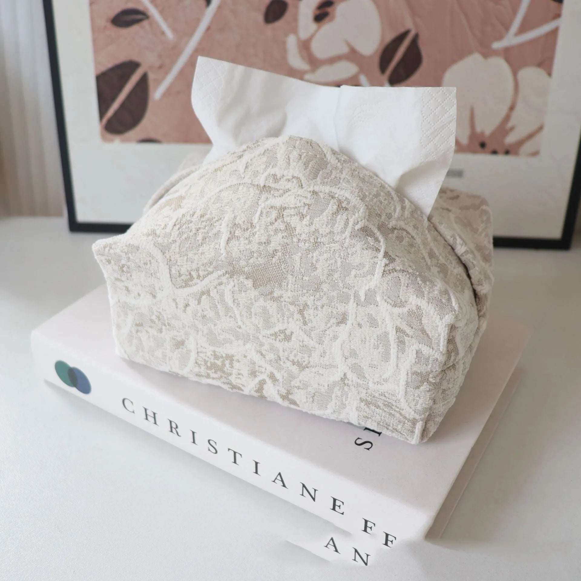 Chinese style decorative tissue box made from floral print cotton fabric, dimensions 17x11x7cm.