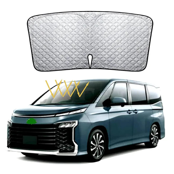 Silver reflective car sunshade for Toyota Noah/Voxy 90 series windshield.