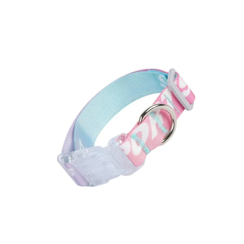 Adjustable nylon dog collar with cartoon printing shown in gradient colour and panda green on a white background.
