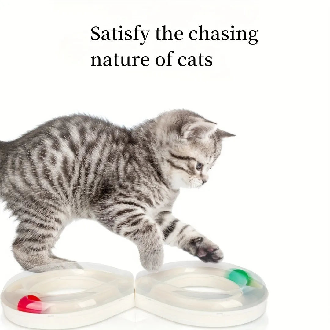 Blue and white cat turntable track ball toy with teasing stick attachment measuring 50cm