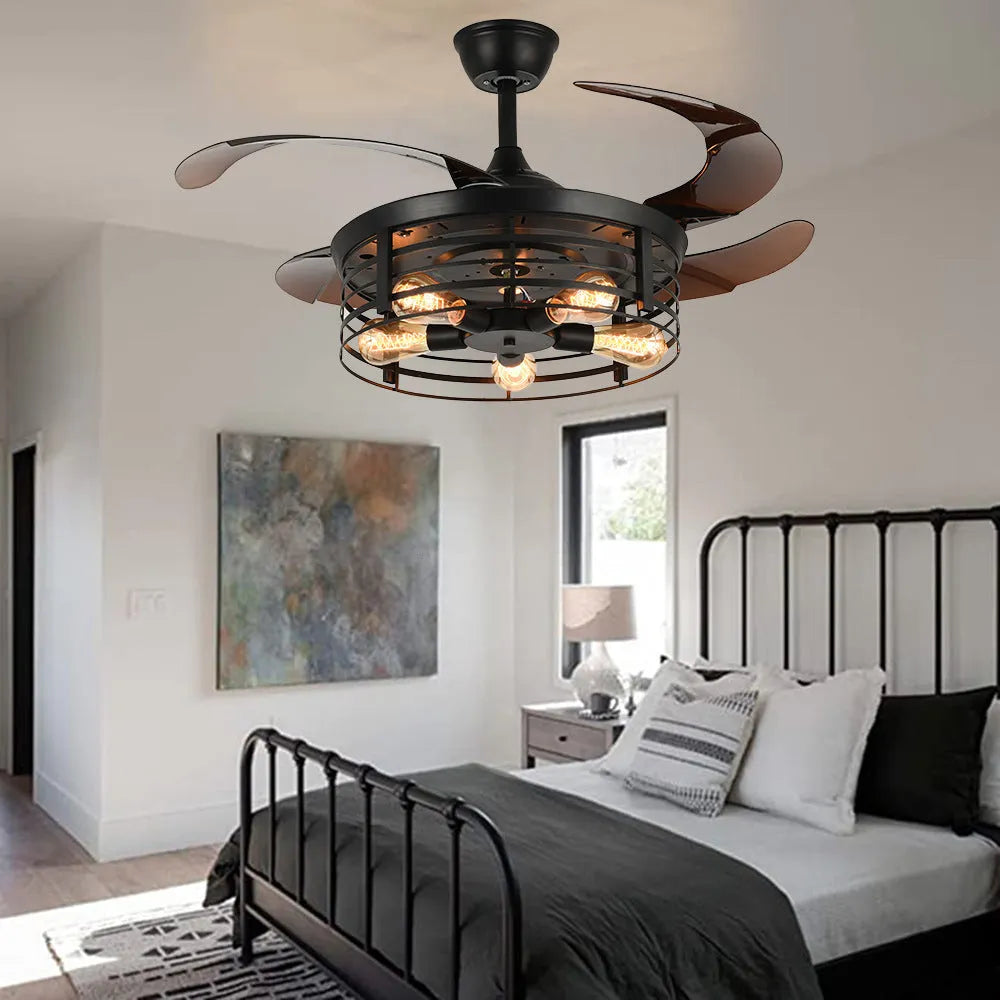 42-inch industrial retro style invisible ceiling fan lamp with acrylic blades and shade.
