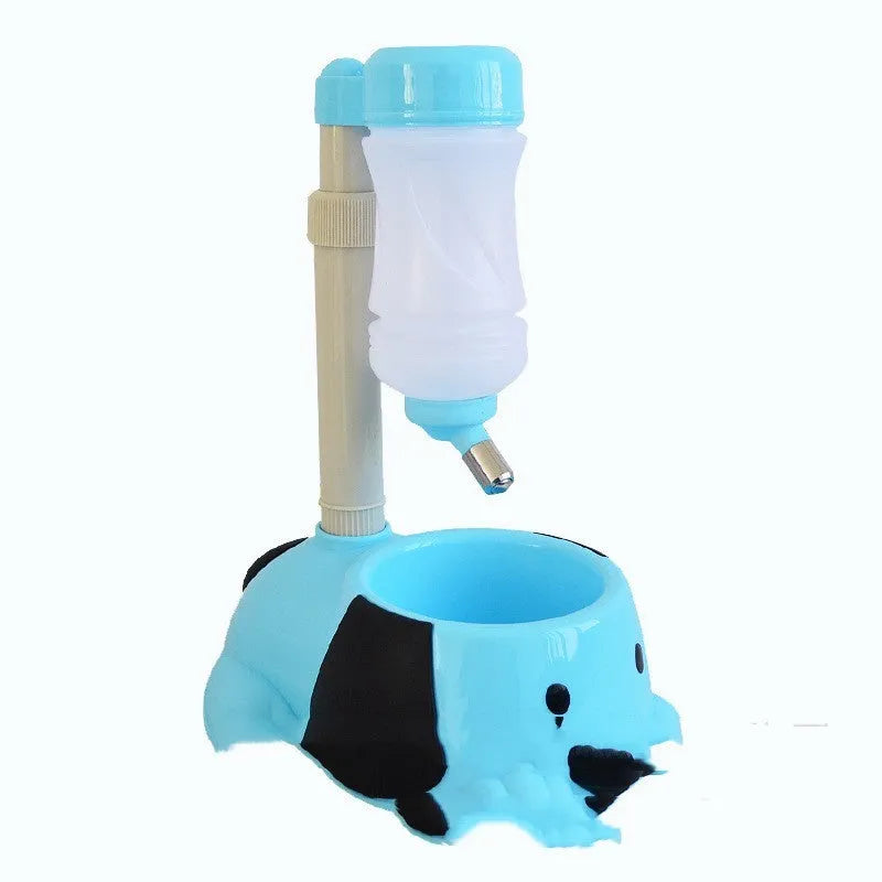 A pink adjustable rod-lifting pet water bowl showing the height mechanism.