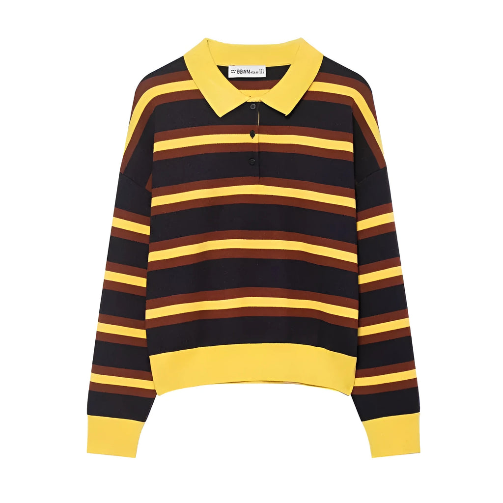 Women's striped polo collar knitted sweater with contrast stitching, long sleeves, regular fit in picture colour