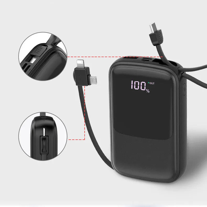 Portable power bank with multi-USB output, 104mm dimensions, black plastic shell