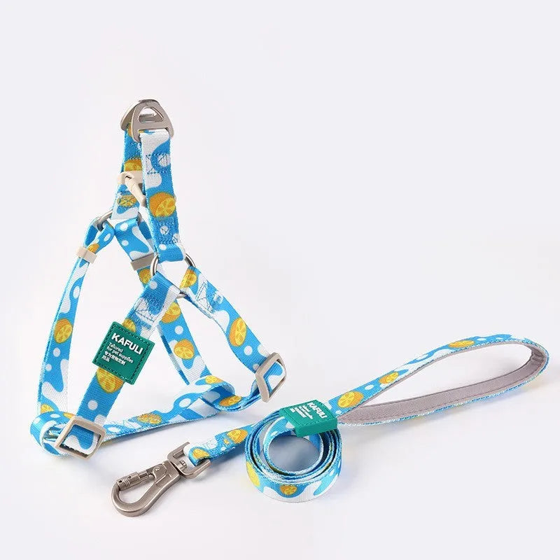 Blue polyester dog harness vest with attached haulage rope set on a white background.