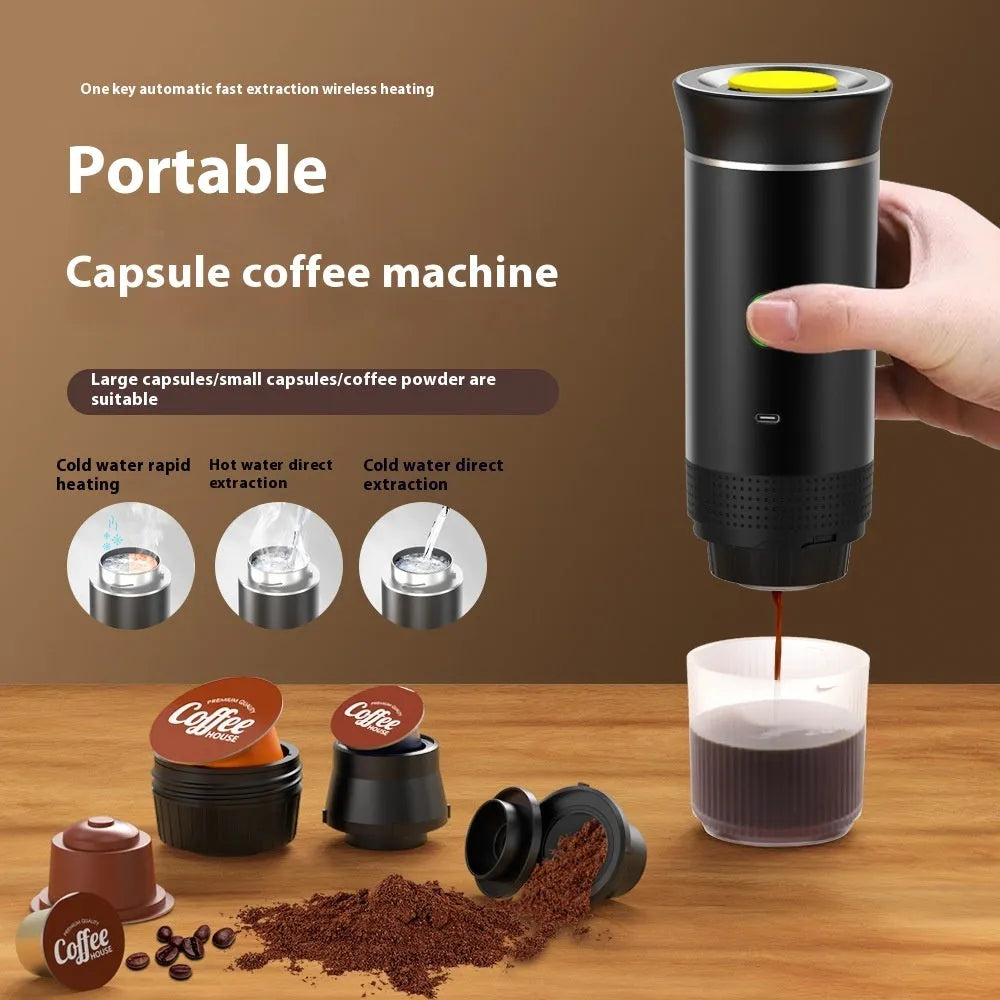 Portable 3-in-1 espresso coffee machine in black, white, grey, green, or silver with USB charging cable