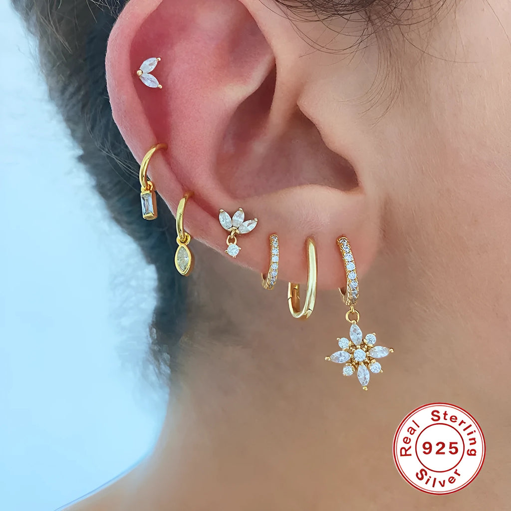 S925 sterling silver diamond-cut snowflake pendant earrings in geometric design with gold colour plating options