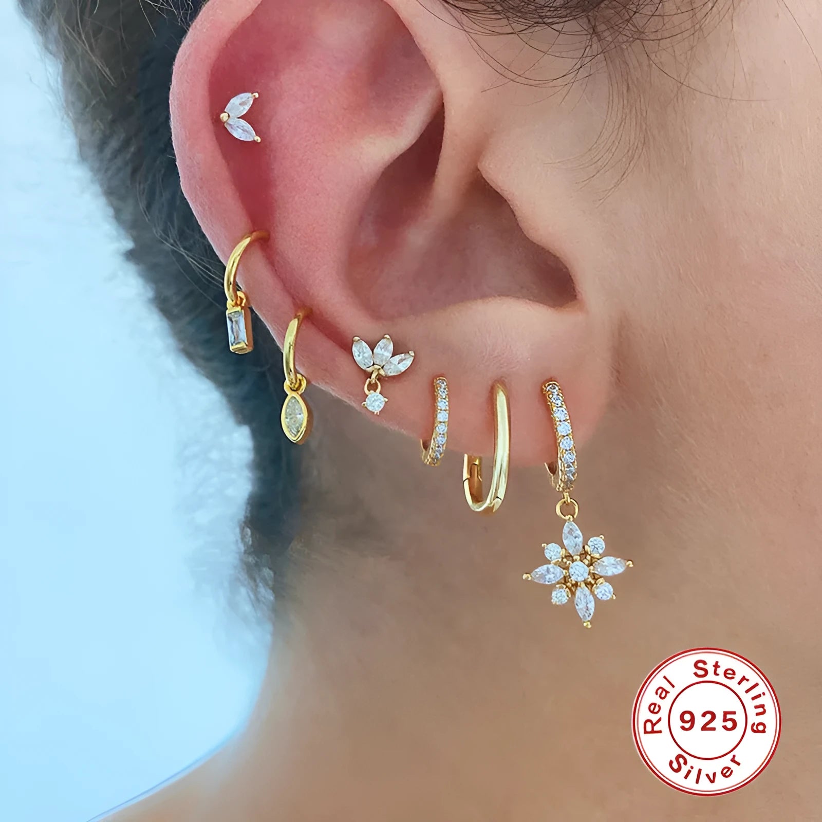S925 sterling silver diamond-cut snowflake pendant earrings in geometric design with gold colour plating options
