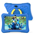 Blue 7-inch children's tablet with a silicone cover and a rotating carry handle attached