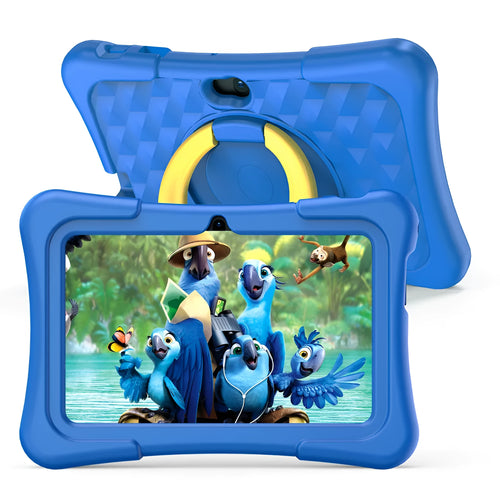 Blue 7-inch children's tablet with a silicone cover and a rotating carry handle attached