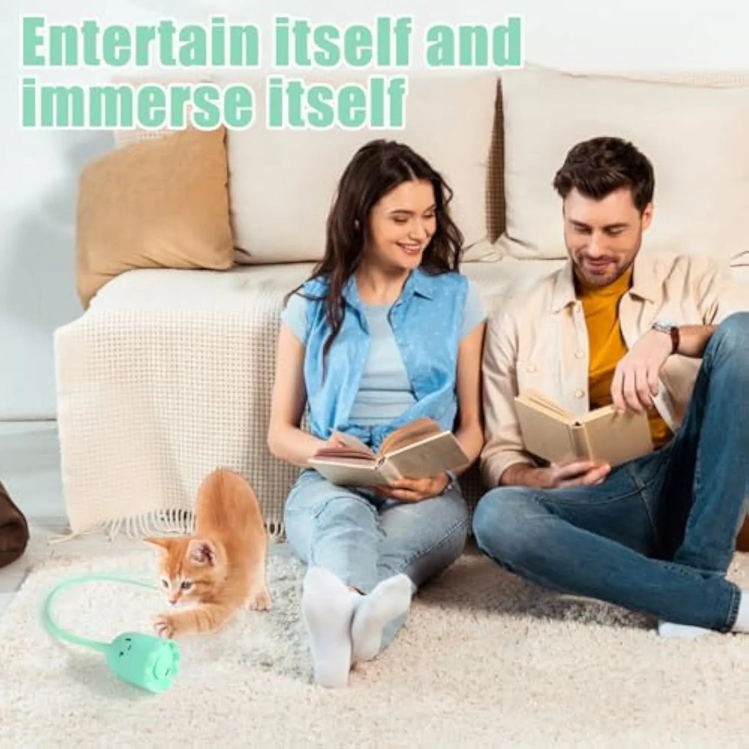 Green automatic cat wand toy with silicone tail on floor for indoor cat play