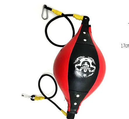 Diamond pattern boxing speed ball hanging from elastic cord in black and red colour option