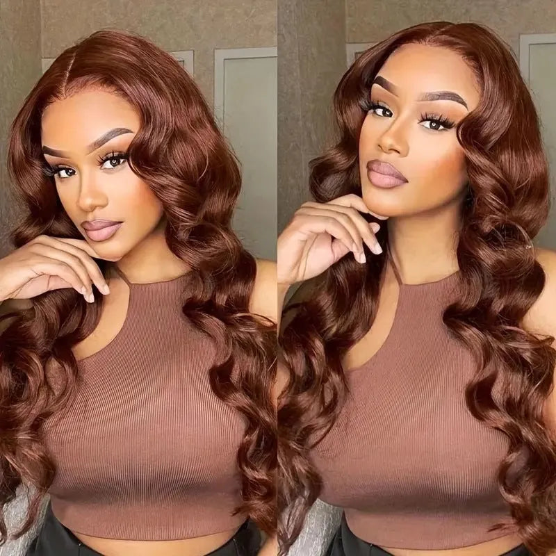 Front lace wig with long curly dark brown hair and side bangs in exotic European style