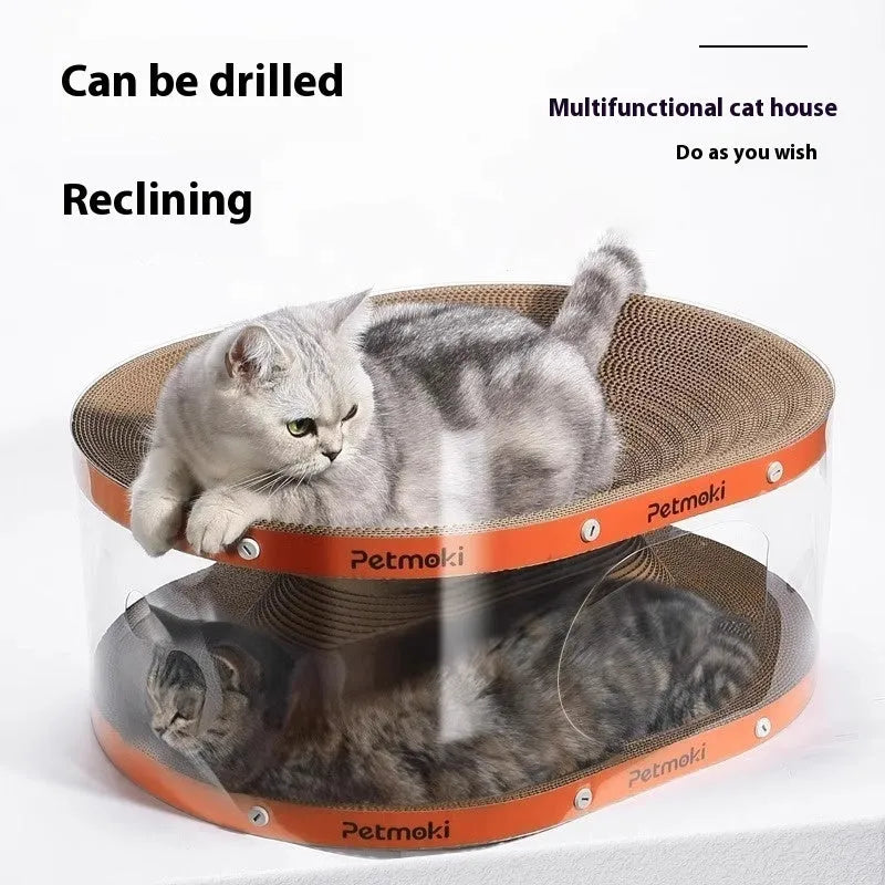 Transparent white PVC cat tunnel with corrugated cardboard scratching panels, 58 cm long.