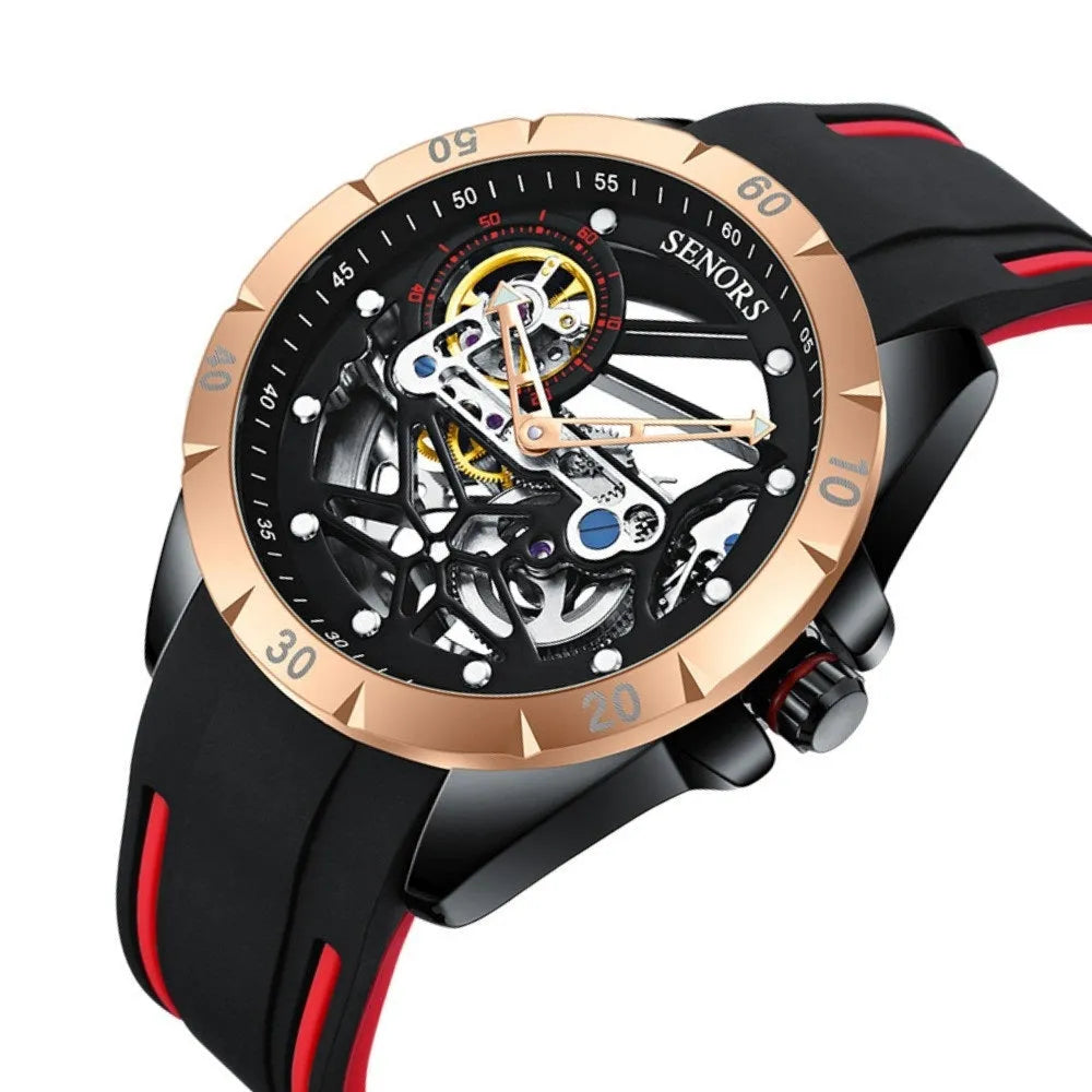 Rose golden skeleton men's watch showing visible automatic movement through open-worked dial design