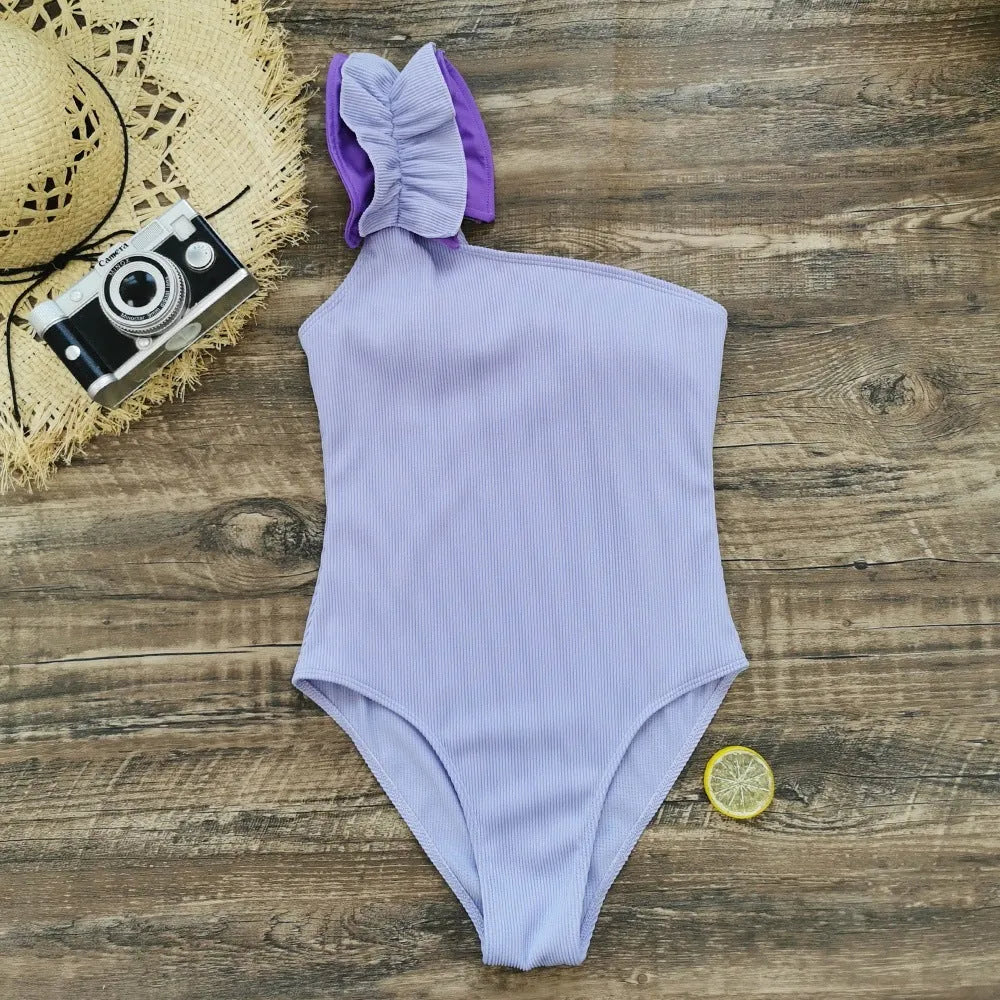 Women's single-shoulder suspender tube top one-piece swimsuit with high waist in solid colour