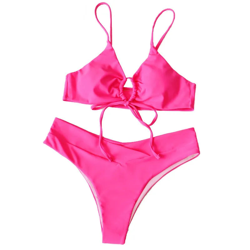 Women's orange tied bow split bikini swimsuit for swimming and wading activities