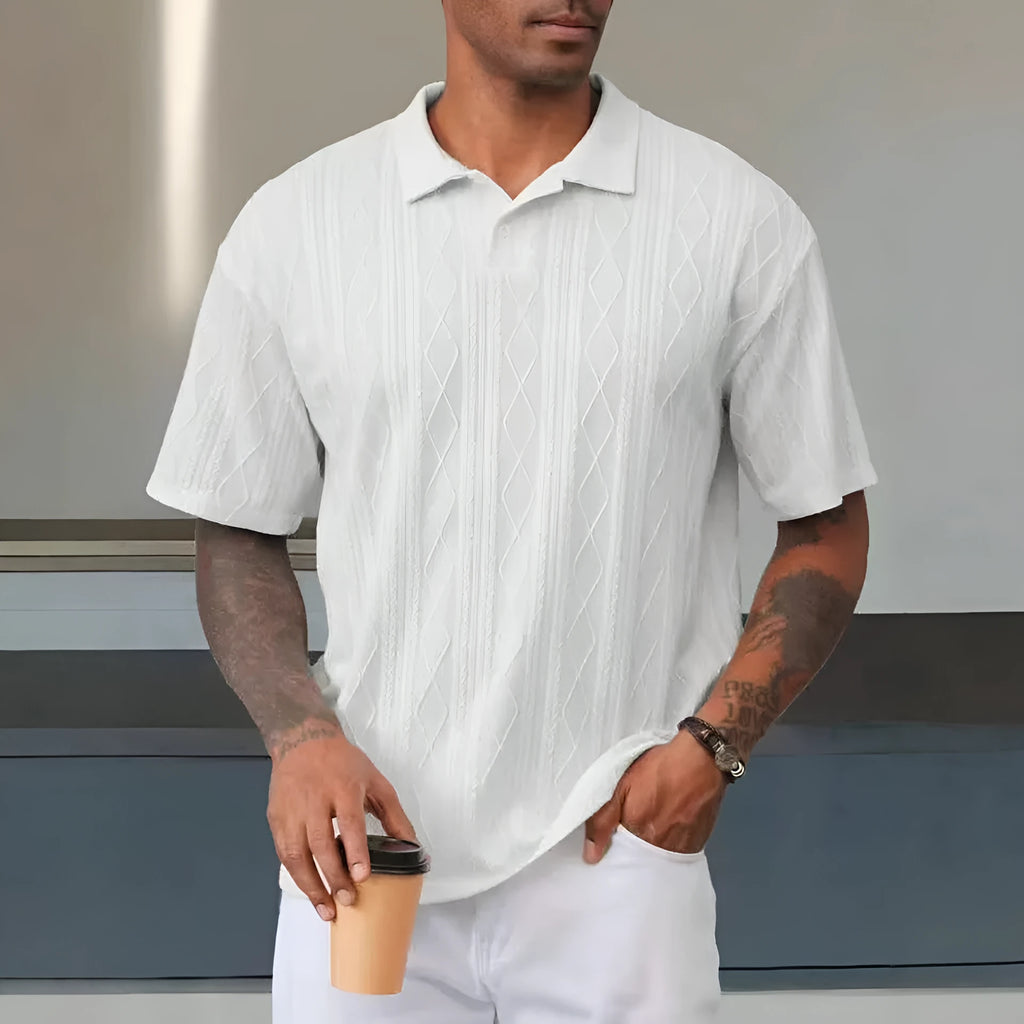Retro button lapel short sleeve t-shirt in cotton blend fabric showing side slit detailing