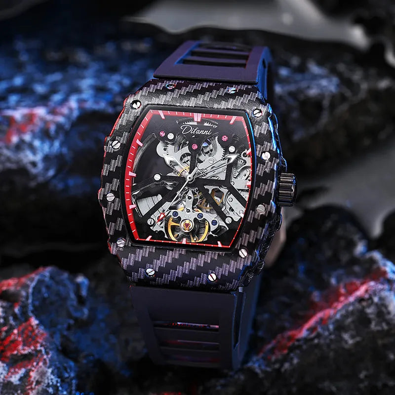 Mechanical men's watch with luminous hands on a black rubber strap, showing a stainless steel buckle.