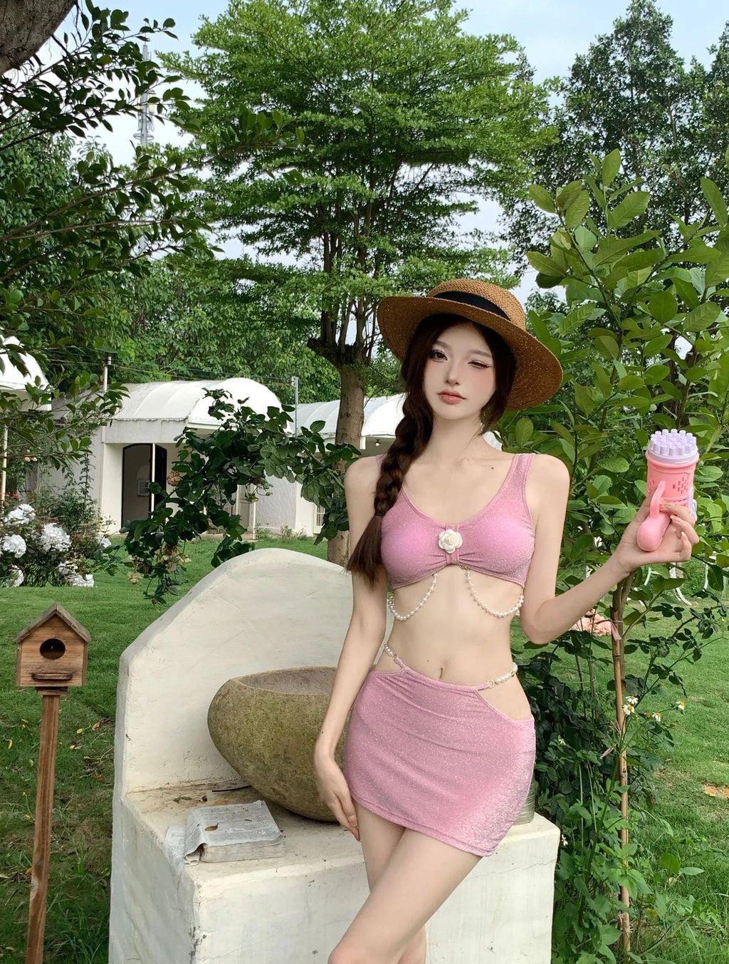 Bear Vacation three-piece polyester bikini set in pink and black colours with briefs style for swimming
