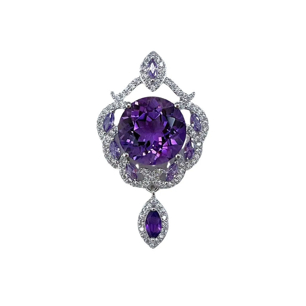 Purple amethyst silver pendant with platinum plating and meteor shower pattern on U-shaped jewellery