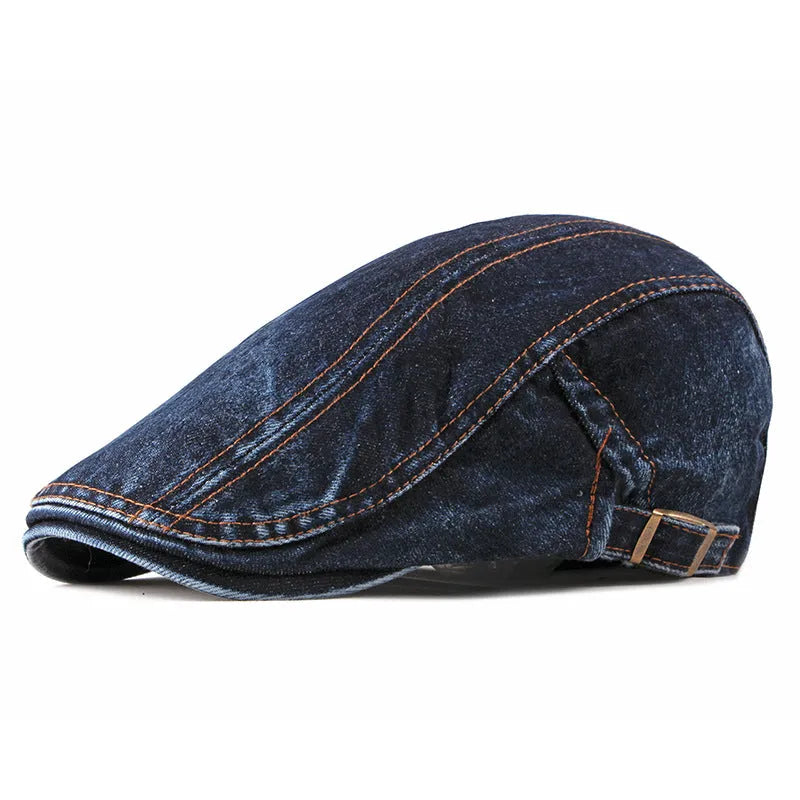 Fashion wash cotton denim beret with flat top, curly brim, and tie-dye pattern in dark denim blue colour