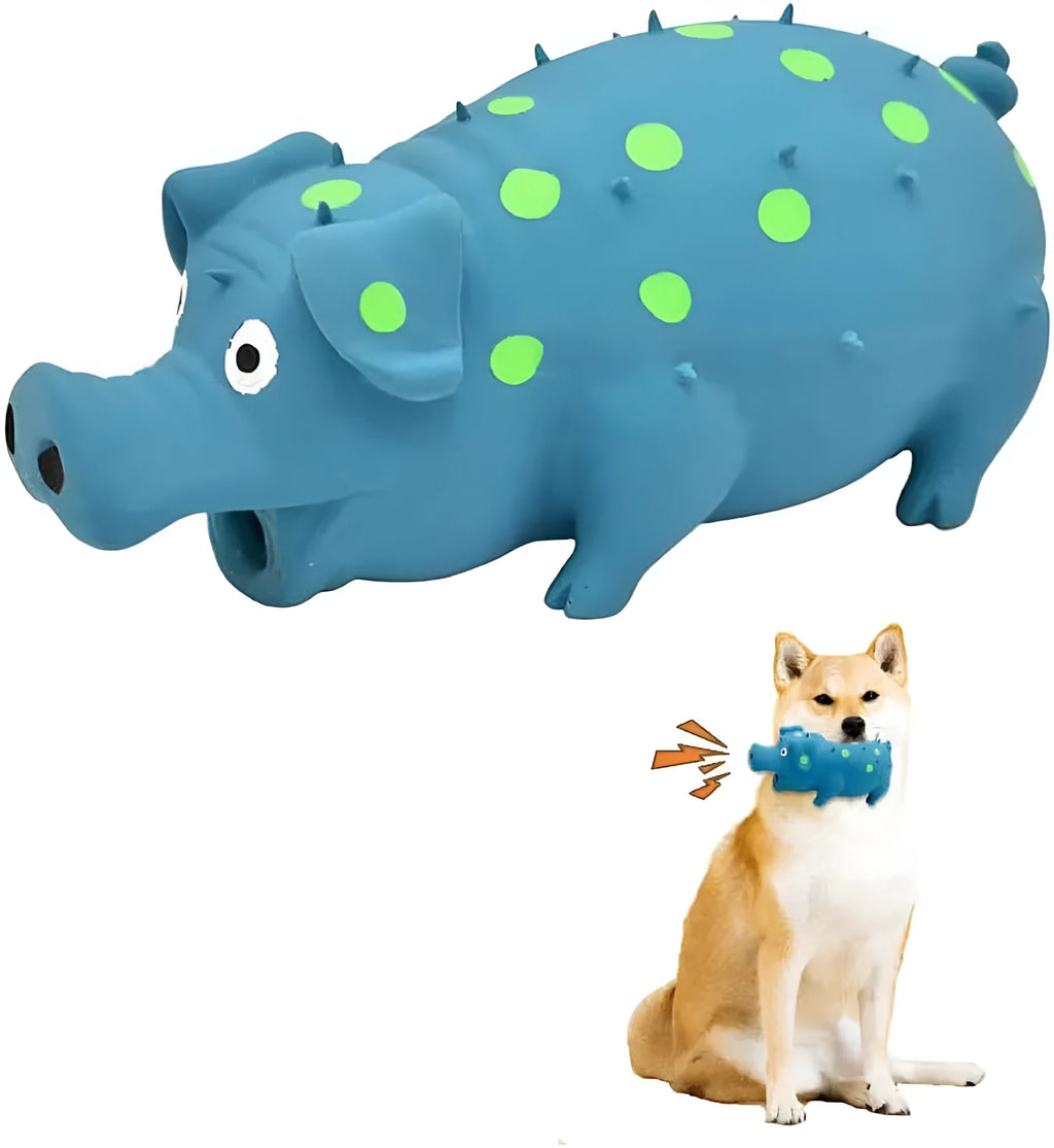 Pig-shaped latex dog chew toy in assorted colours with textured surface for teeth cleaning