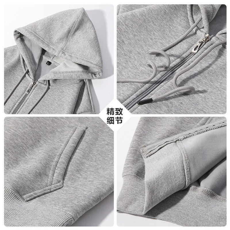 Men's plus size zip hooded sweater in 420g cotton fabric with top-stitch pockets