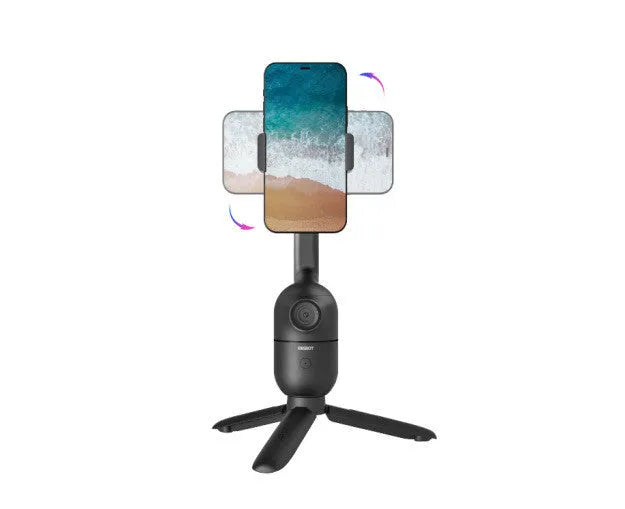 Black mobile phone bracket with face-following and PTZ tripod, shown folded and unfolded.