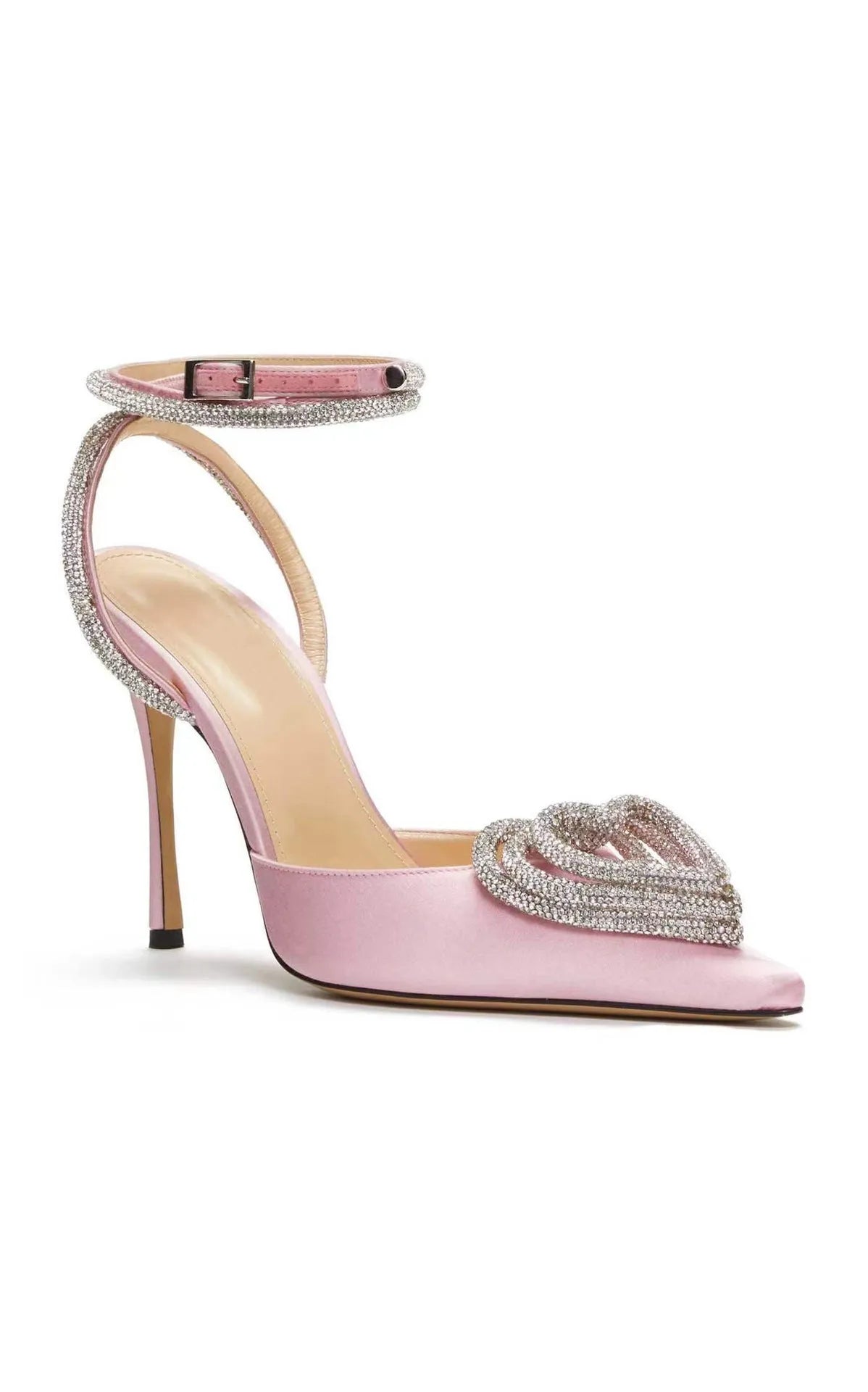 Women's black satin sandal with heart rhinestone, pointed toe, and cross ankle strap.